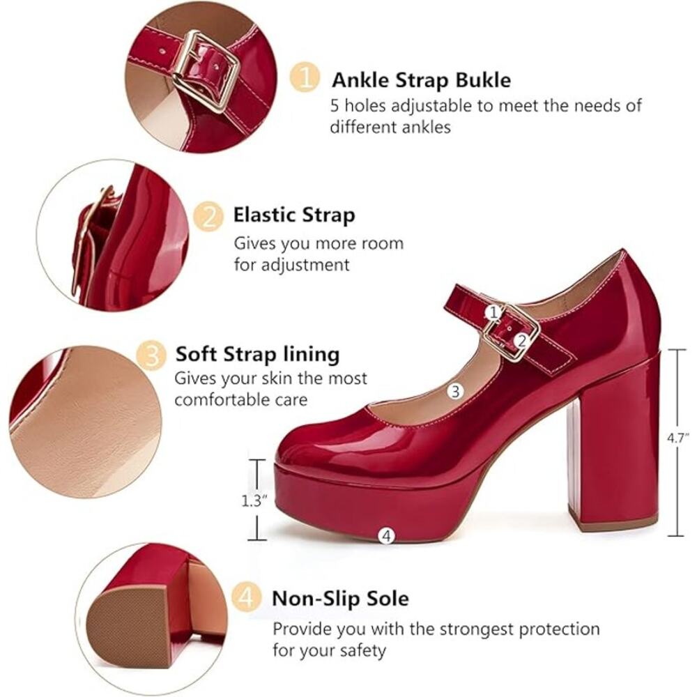 Coutgo Womens Size 9 Red 4" Heels Mary Jane Round Closed Toe Buckle Strap Shoes - Picture 3 of 9
